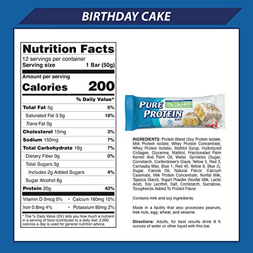 Pure Protein Bars, High Protein, Nutritious Snacks to Support Energy, Low Sugar, Gluten Free, Birthday Cake, 1.76 oz, Pack of 12