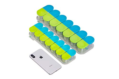 Sagely Smart Active Weekly Pill Organizer-Sleek AM/PM Twice a Day Pill Box with Free Smartphone Reminder App and 7 Day Travel Containers (Green/Blue)